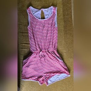 Vintage Red and White Striped Terry Cloth Swim Cover Up Romper
